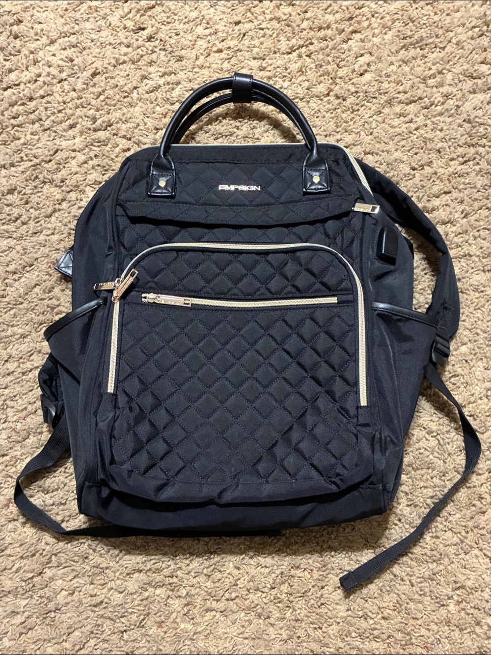 Black Quilted Backpack with Gold Zippers - Ergonomic Carry